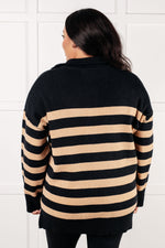 Well Situated Striped Quarter Zip Sweater in Black and Tan - Maple Row Boutique