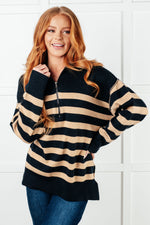 Well Situated Striped Quarter Zip Sweater in Black and Tan - Maple Row Boutique