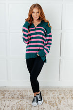 Well Situated Striped Quarter Zip Sweater in Green and Pink - Maple Row Boutique