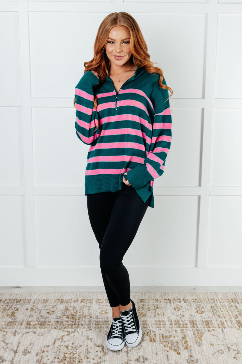 Well Situated Striped Quarter Zip Sweater in Green and Pink - Maple Row Boutique