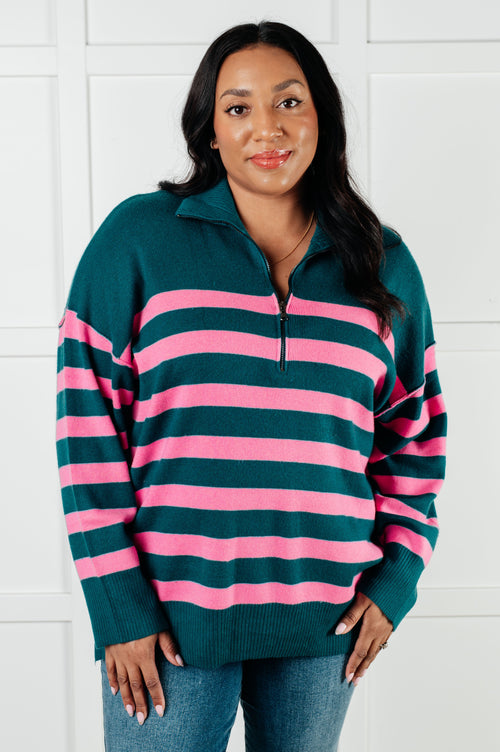 Well Situated Striped Quarter Zip Sweater in Green and Pink - Maple Row Boutique