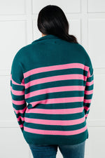 Well Situated Striped Quarter Zip Sweater in Green and Pink - Maple Row Boutique