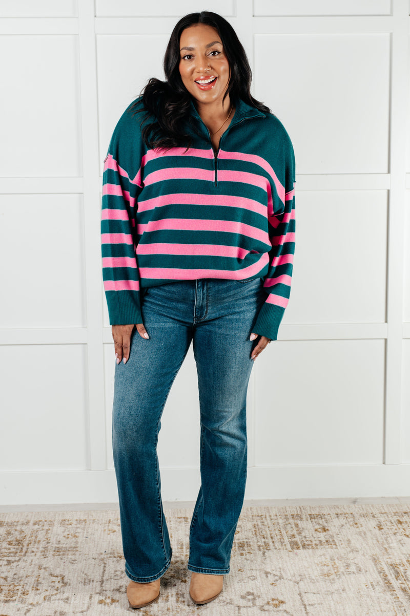 Well Situated Striped Quarter Zip Sweater in Green and Pink - Maple Row Boutique
