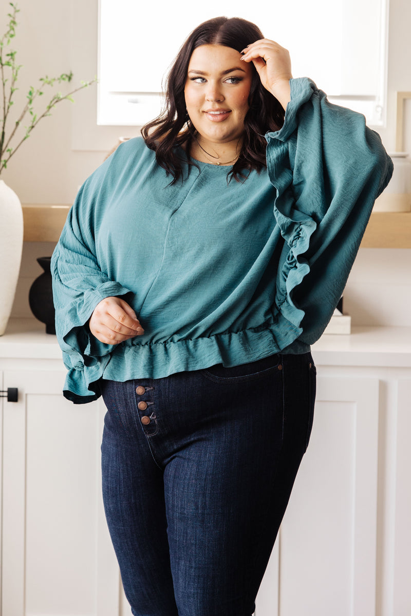 Winging It Ruffle Detail Top in Teal - Maple Row Boutique 
