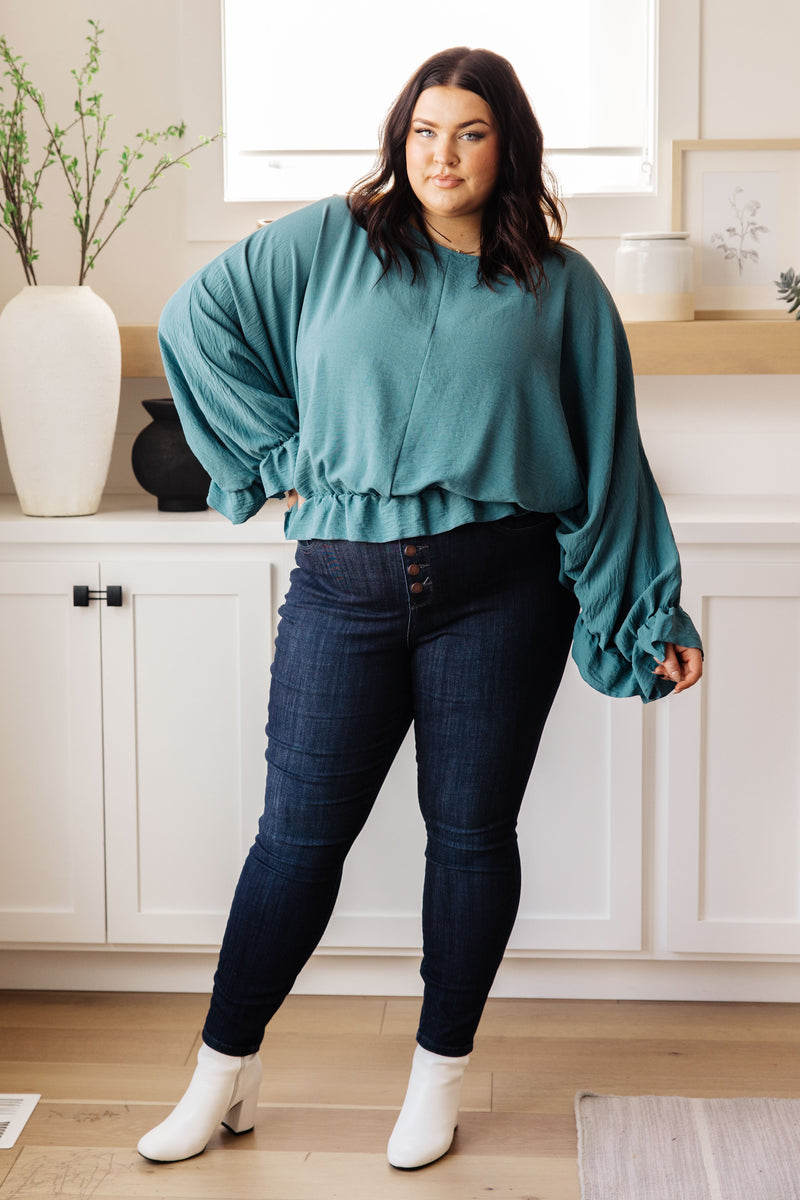 Winging It Ruffle Detail Top in Teal - Maple Row Boutique 