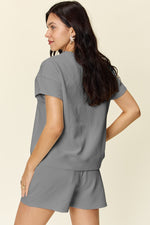 Double Take Full Size Texture Short Sleeve T-Shirt and Drawstring Shorts Set - Maple Row Boutique 
