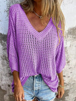 Full Size Openwork V-Neck Knit Cover Up Plus Size - Maple Row Boutique