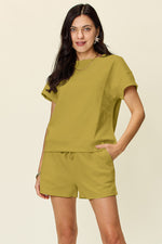 Double Take Full Size Texture Short Sleeve T-Shirt and Drawstring Shorts Set - Maple Row Boutique 