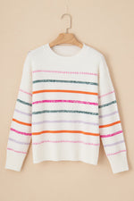 Striped Round Neck Dropped Shoulder Sweater - Maple Row Boutique 