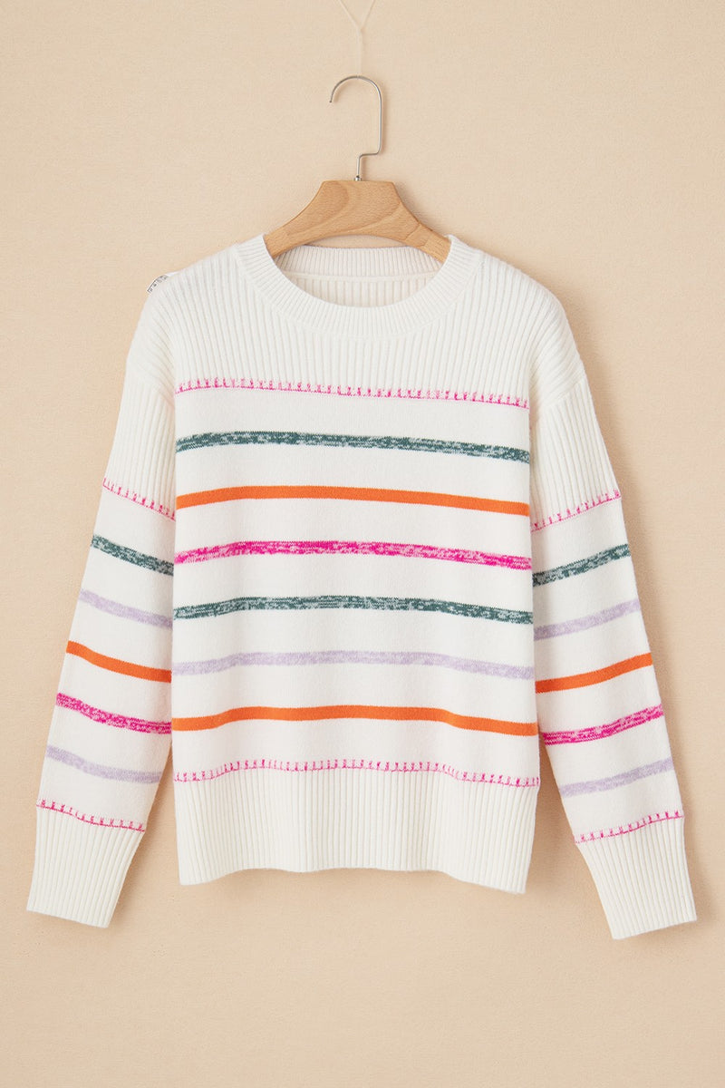Striped Round Neck Dropped Shoulder Sweater - Maple Row Boutique 