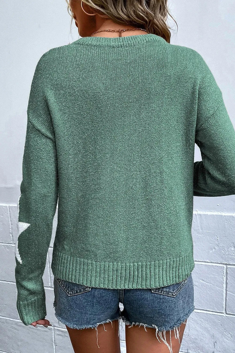 Star Round Neck Dropped Shoulder Sweater - Maple Row Boutique 