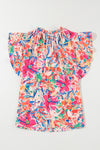 Ruffled Printed Tie Neck Cap Sleeve Blouse - Maple Row Boutique 