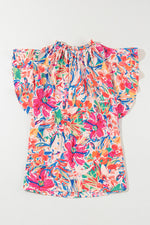Ruffled Printed Tie Neck Cap Sleeve Blouse - Maple Row Boutique 