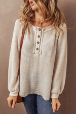 Waffle-Knit Half Button Round Neck Long Sleeve Top - Maple Row Boutique 