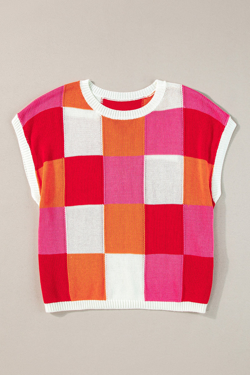 Color Block Round Neck Cap Sleeve Knit Top - Maple Row Boutique 