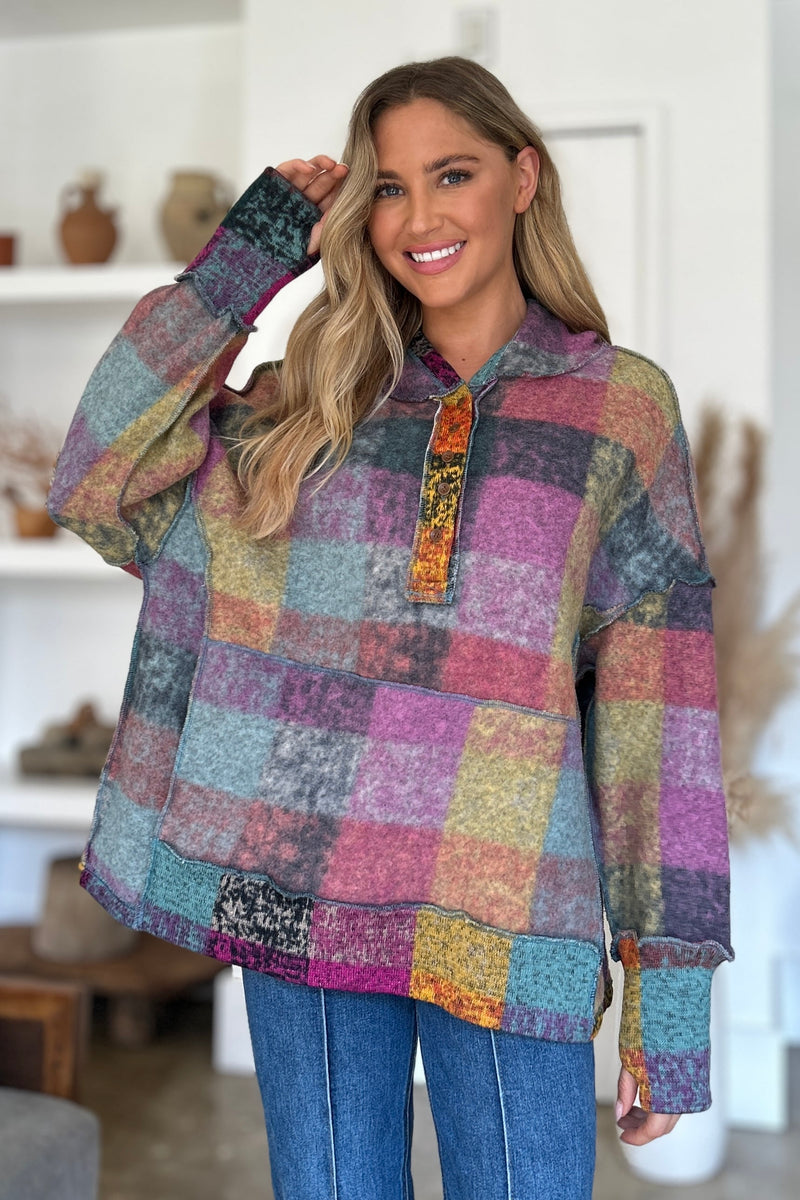 Double Take Full Size Plaid Dropped Shoulder Hoodie - Maple Row Boutique 