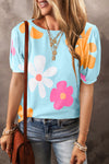 Flower Round Neck Short Sleeve Blouse - Maple Row Boutique 