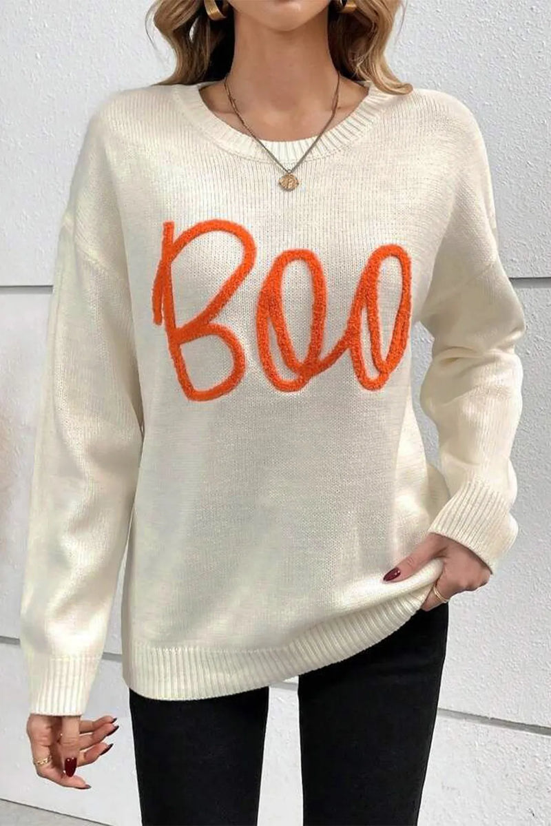 BOO Round Neck Long Sleeve Sweater - Maple Row Boutique 