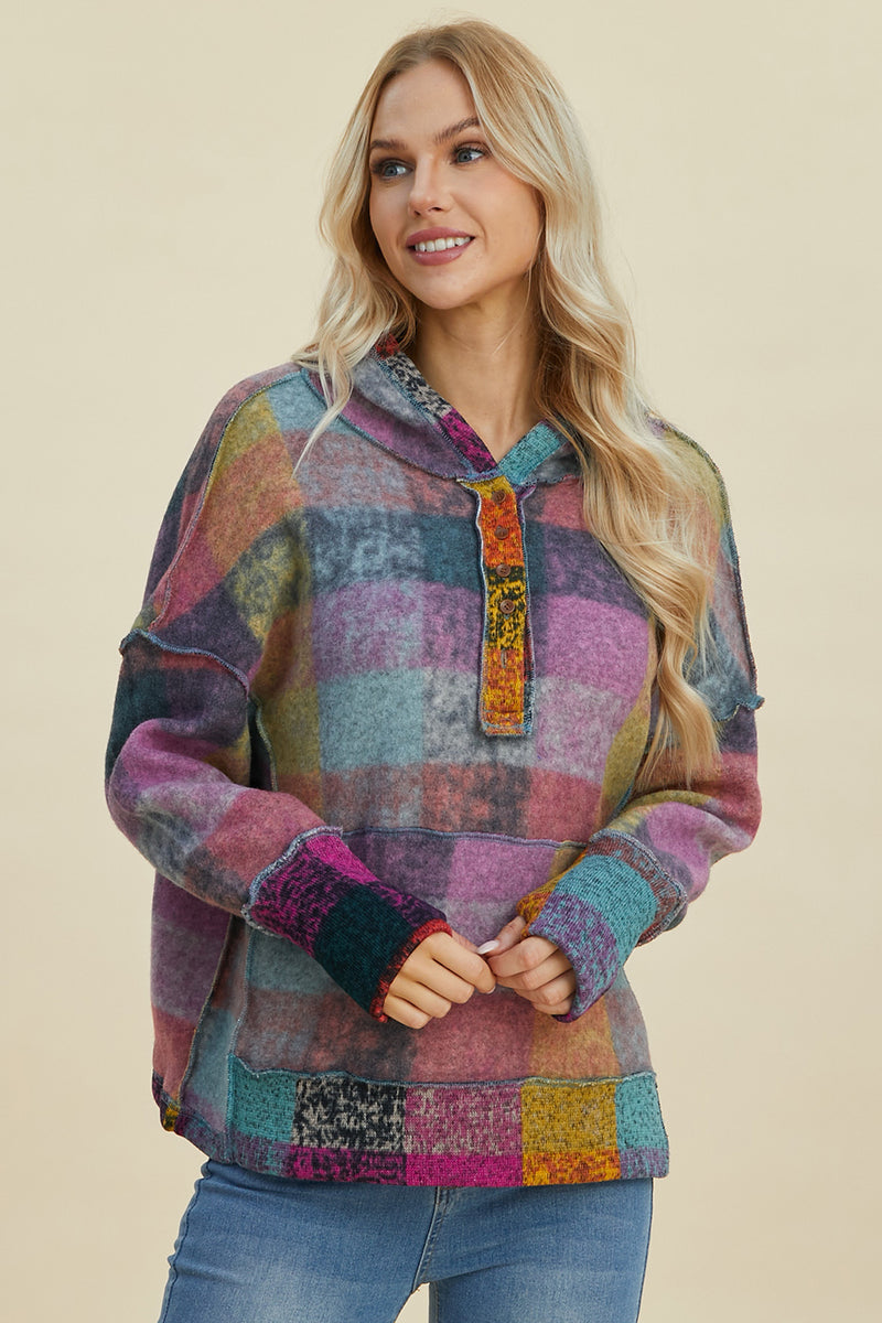 Double Take Full Size Plaid Dropped Shoulder Hoodie - Maple Row Boutique 