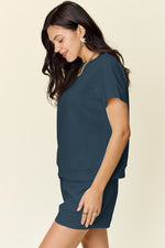 Double Take Full Size Texture Short Sleeve T-Shirt and Drawstring Shorts Set - Maple Row Boutique 