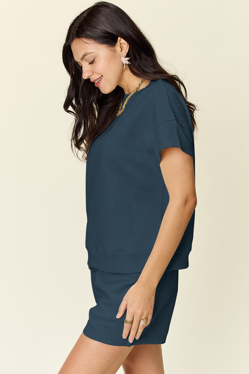 Double Take Full Size Texture Short Sleeve T-Shirt and Drawstring Shorts Set - Maple Row Boutique 