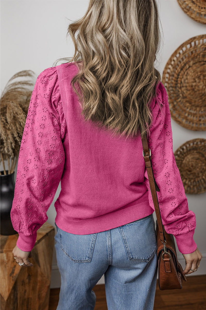 Eyelet Round Neck Long Sleeve Sweatshirt - Maple Row Boutique 
