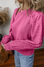 Eyelet Round Neck Long Sleeve Sweatshirt - Maple Row Boutique 