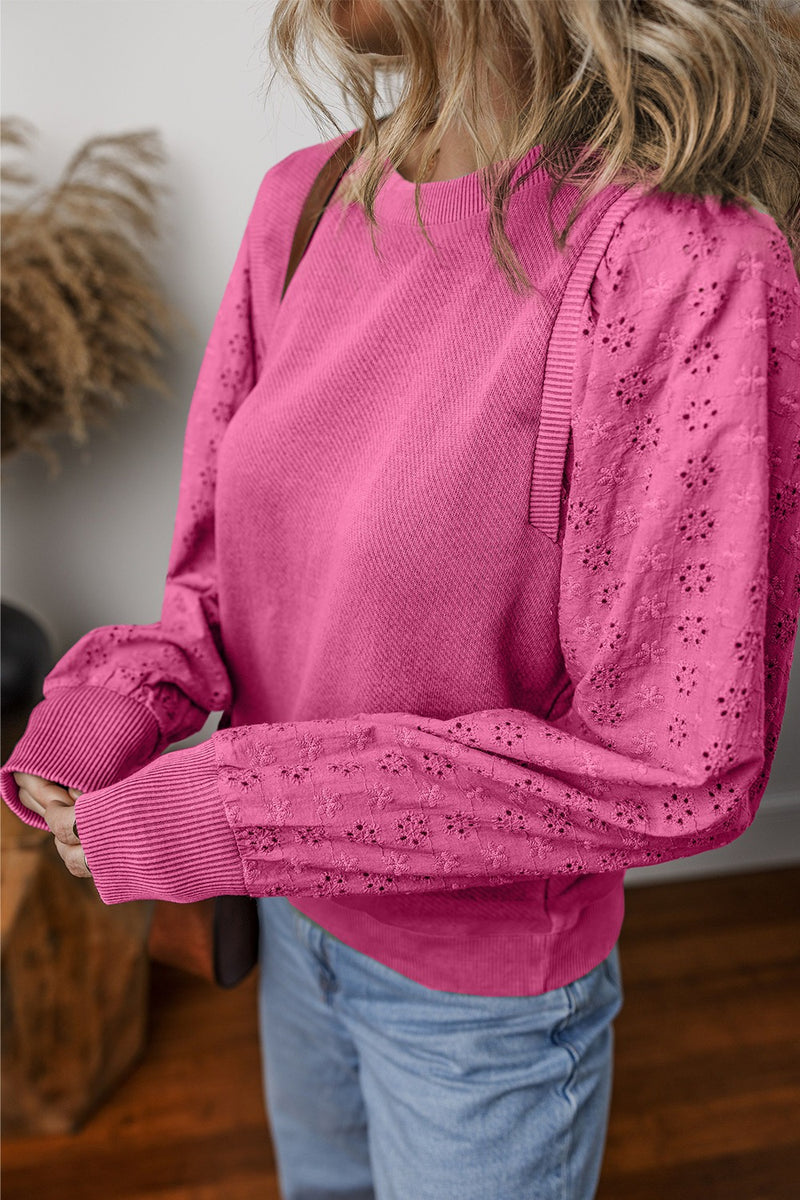 Eyelet Round Neck Long Sleeve Sweatshirt - Maple Row Boutique 