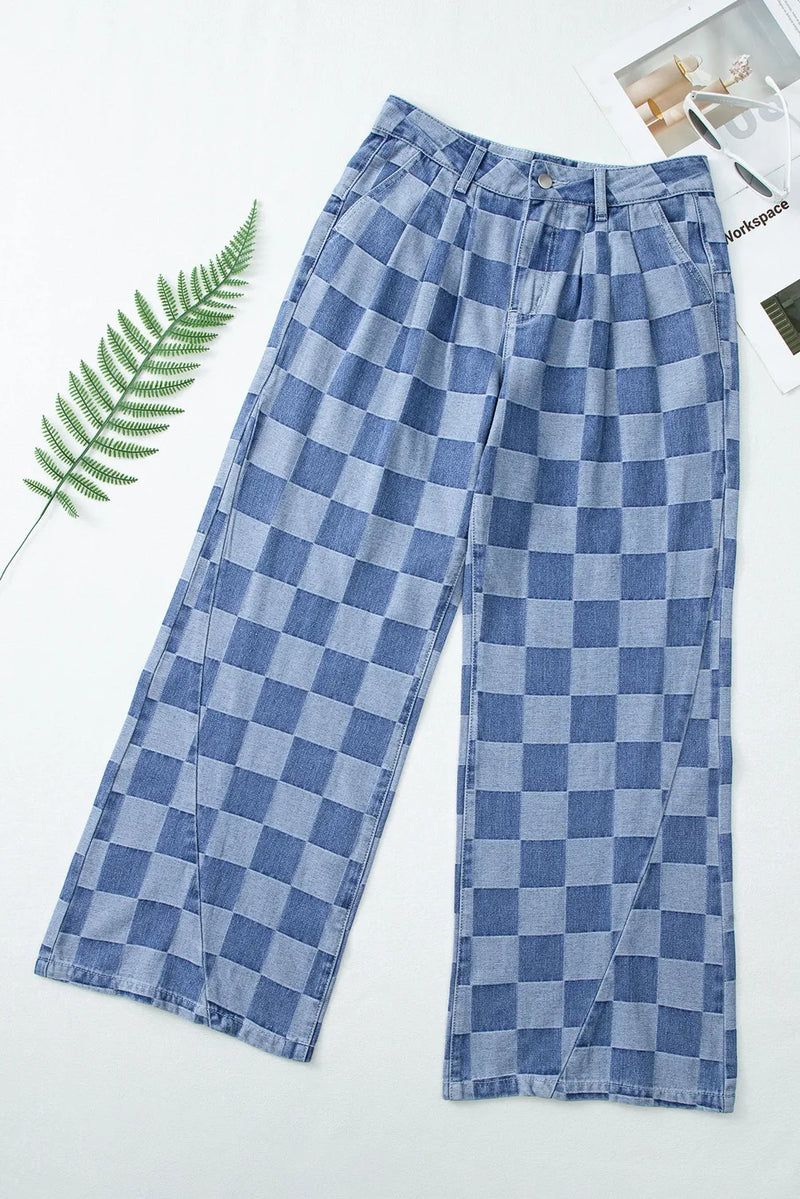 Checkered Wide Leg Jeans with Pockets - Maple Row Boutique 
