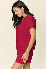 Double Take Full Size Texture Short Sleeve T-Shirt and Drawstring Shorts Set - Maple Row Boutique 