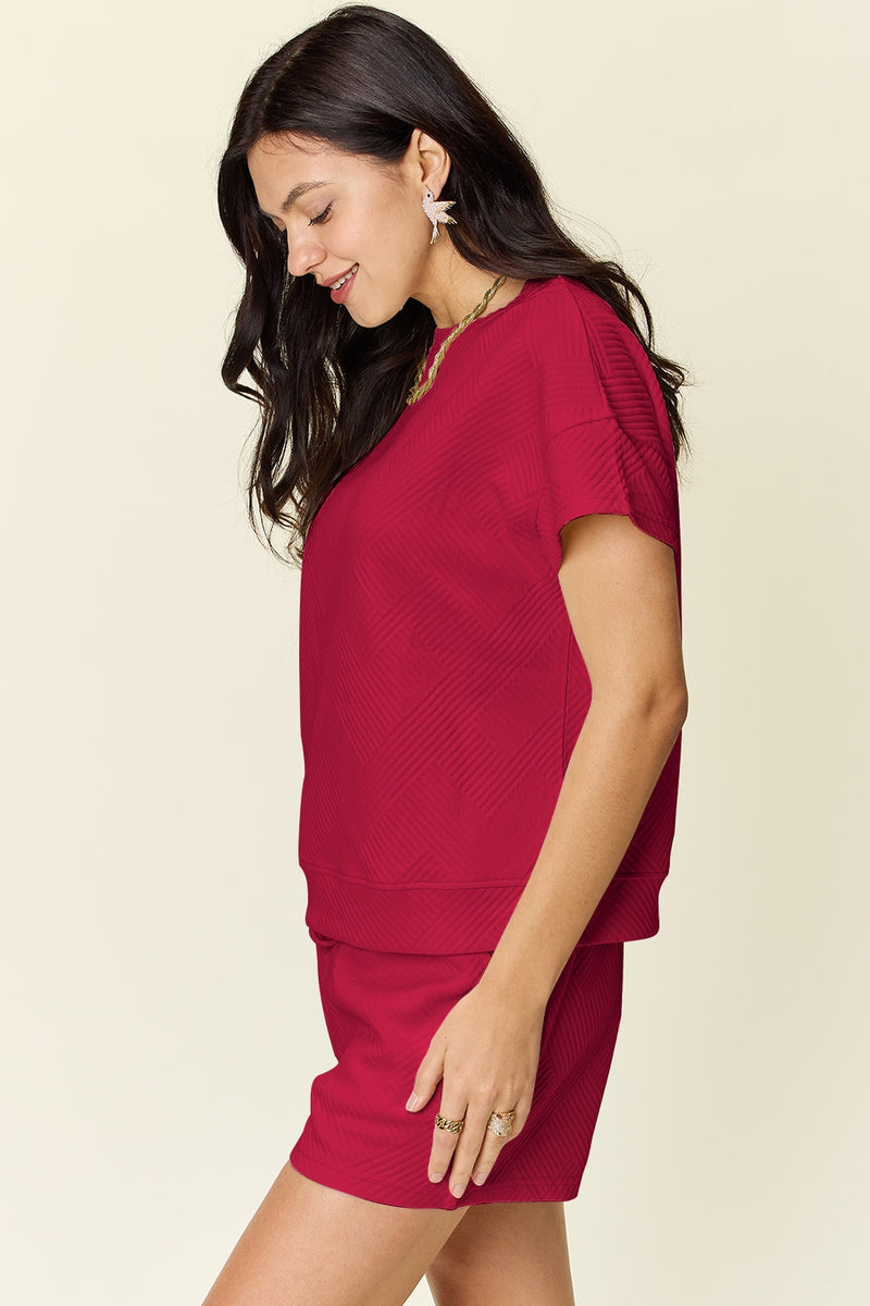 Double Take Full Size Texture Short Sleeve T-Shirt and Drawstring Shorts Set - Maple Row Boutique 