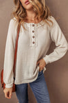 Waffle-Knit Half Button Round Neck Long Sleeve Top - Maple Row Boutique 