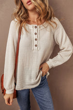 Waffle-Knit Half Button Round Neck Long Sleeve Top - Maple Row Boutique 