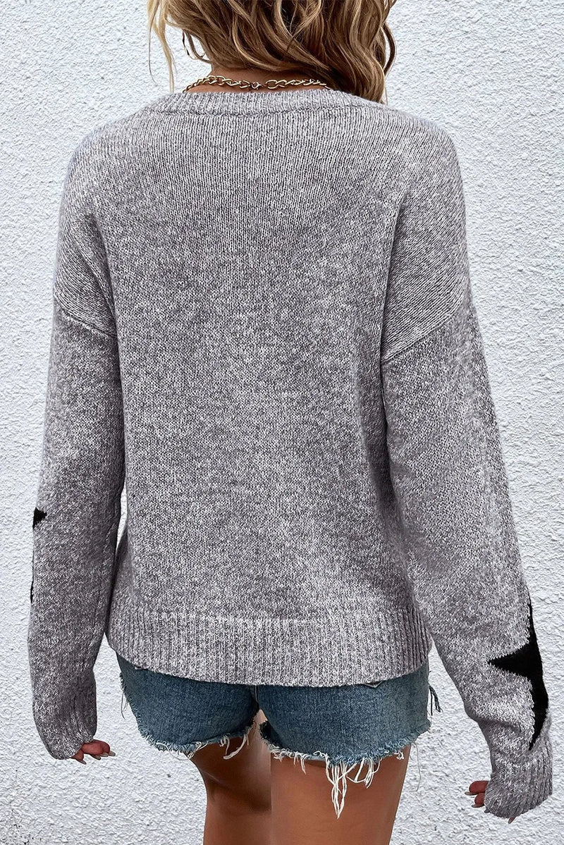 Star Round Neck Dropped Shoulder Sweater - Maple Row Boutique 