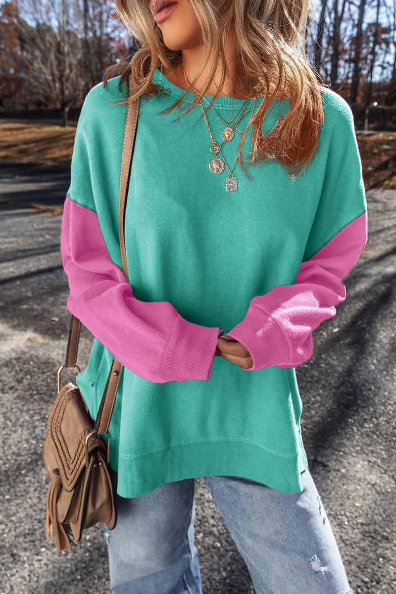 Contrast Round Neck Long Sleeve Sweatshirt - Maple Row Boutique 