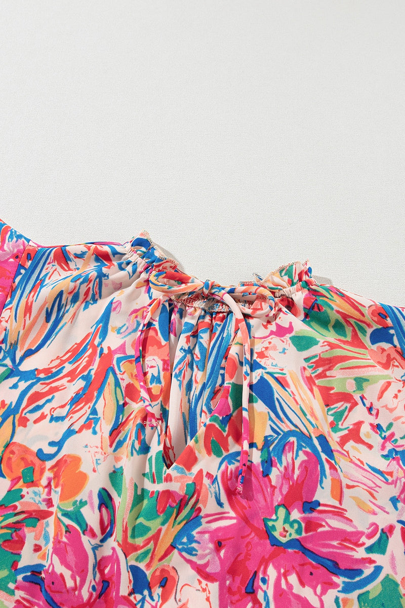 Ruffled Printed Tie Neck Cap Sleeve Blouse - Maple Row Boutique 