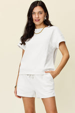 Double Take Full Size Texture Short Sleeve T-Shirt and Drawstring Shorts Set - Maple Row Boutique 