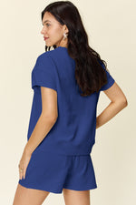 Double Take Full Size Texture Short Sleeve T-Shirt and Drawstring Shorts Set - Maple Row Boutique 