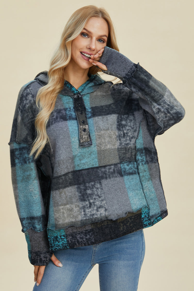 Double Take Full Size Plaid Dropped Shoulder Hoodie - Maple Row Boutique 