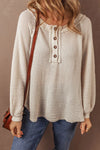 Waffle-Knit Half Button Round Neck Long Sleeve Top - Maple Row Boutique 