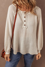 Waffle-Knit Half Button Round Neck Long Sleeve Top - Maple Row Boutique 