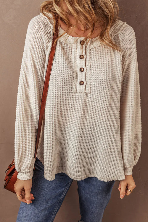 Waffle-Knit Half Button Round Neck Long Sleeve Top - Maple Row Boutique 