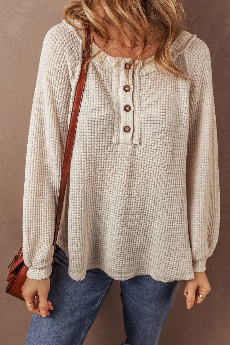 Waffle-Knit Half Button Round Neck Long Sleeve Top - Maple Row Boutique 