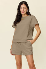 Double Take Full Size Texture Short Sleeve T-Shirt and Drawstring Shorts Set - Maple Row Boutique 