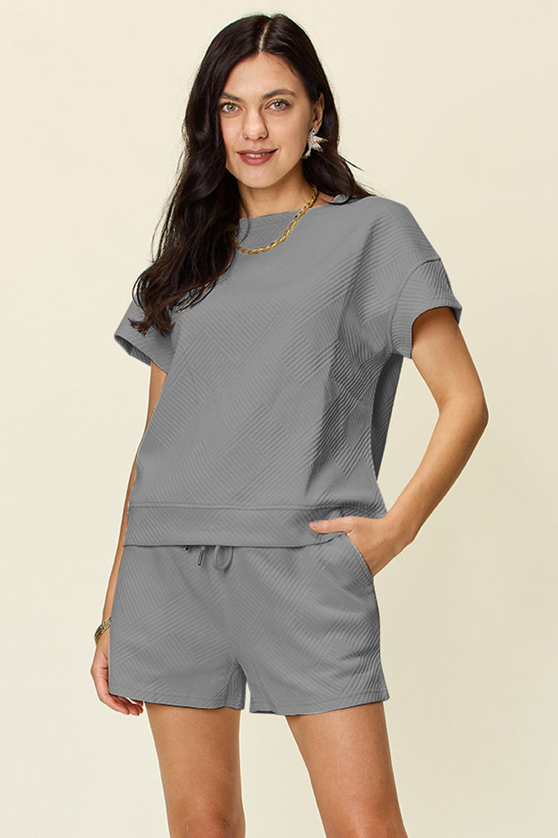 Double Take Full Size Texture Short Sleeve T-Shirt and Drawstring Shorts Set - Maple Row Boutique 