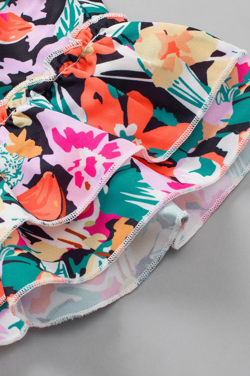 Ruffled Printed V-Neck Cap Sleeve Blouse - Maple Row Boutique 