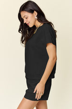Double Take Full Size Texture Short Sleeve T-Shirt and Drawstring Shorts Set - Maple Row Boutique 