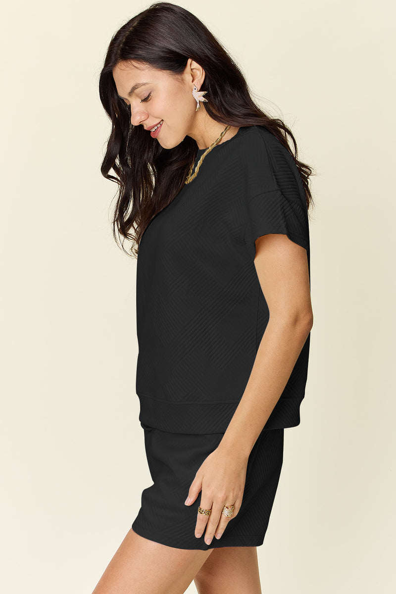 Double Take Full Size Texture Short Sleeve T-Shirt and Drawstring Shorts Set - Maple Row Boutique 