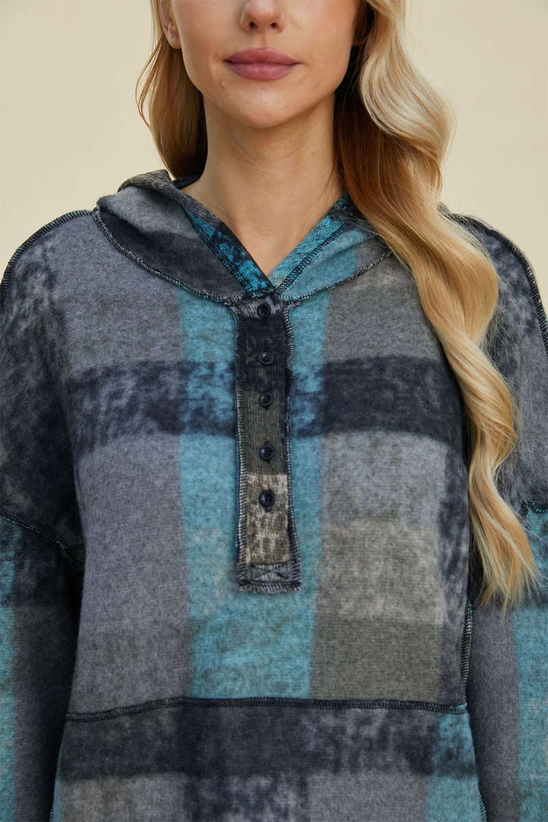 Double Take Full Size Plaid Dropped Shoulder Hoodie - Maple Row Boutique 