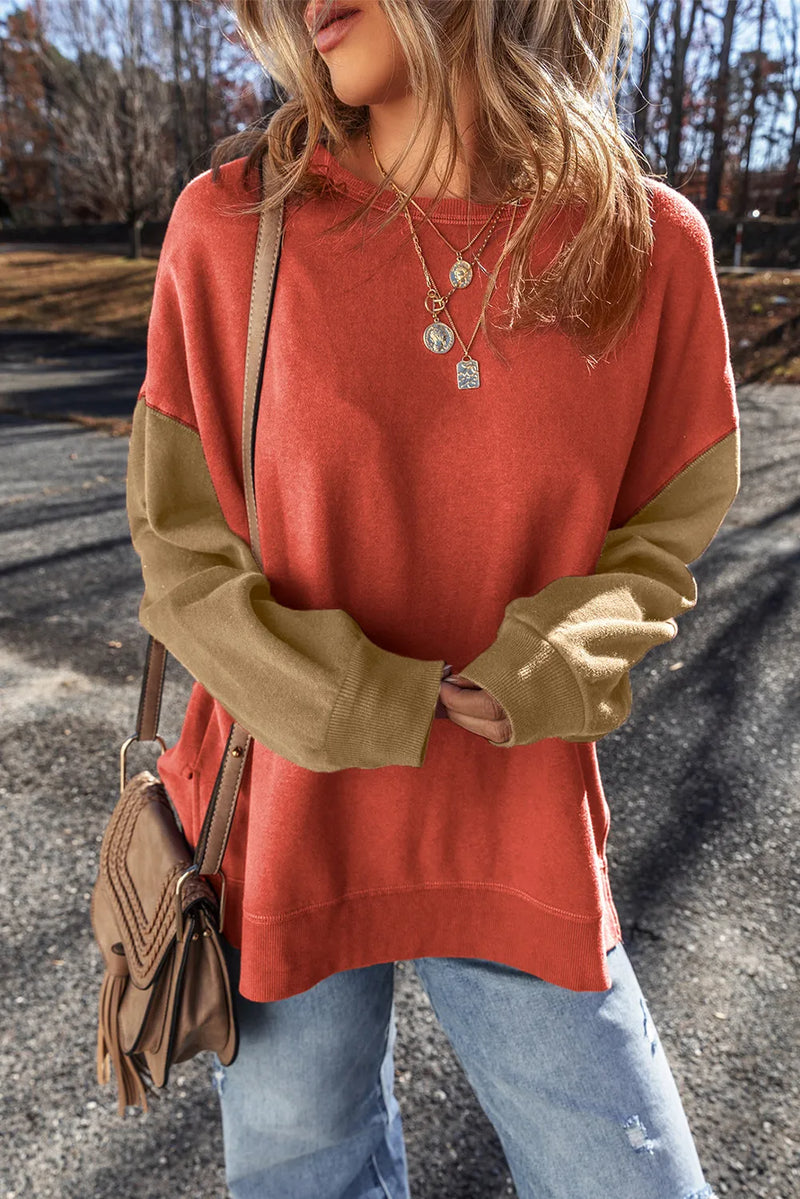 Contrast Round Neck Long Sleeve Sweatshirt - Maple Row Boutique 